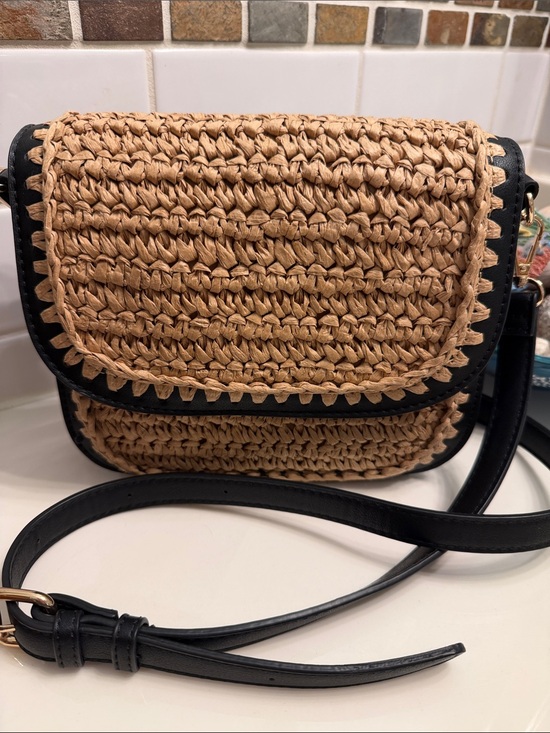 Moda Luxe Handbags - Moda Luxe Tan Woven Crossbody with Black Trim